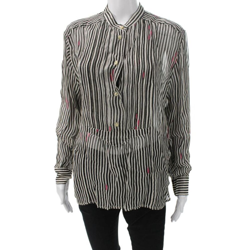 Isabel Marant Etoile Women Black Striped Viscose Tunic Blouse Collared Size 38